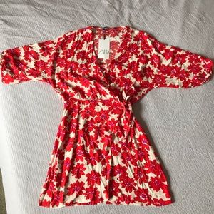 Red and purple floral mini faux wrap dress